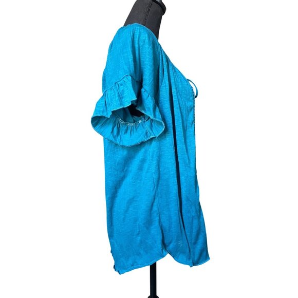 XXL boho lace accent teal short sleeve contrast tunio XXL elastic scoop neck - Picture 4 of 7